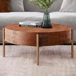 Pine Wood Round Coffee Table for Living Room, Mid-Century Modern Furniture(27.6")