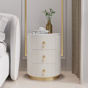 White Velvet Nightstand with Storage Round Nightstand with 3 Drawers Stone Top Set of 2