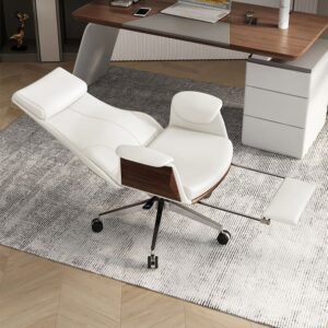 Reclining Leather Office Desk Chair with Adjustable Swivel & High Back in White