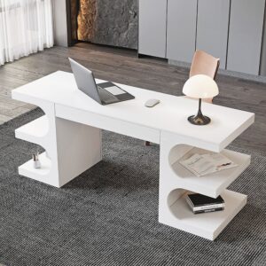 Modern White Writing Desk Office Desk with 1 Drawer & 4 Open Shelves Office Furniture (1630mm)