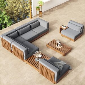 Grida 9-Piece Teak Wood L Shaped Outdoor Sectional Sofa Set in Gray with Coffee Table