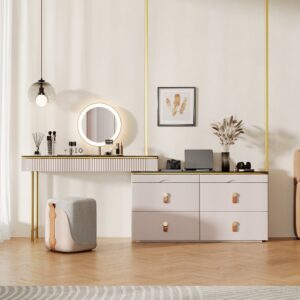 Extendable Makeup Vanity Set with Jewelry Storage Retractable Ivory Dresser with Mirror and Stool