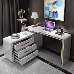 1200mm L-Shaped Desk Corner Rotating White Office Desk with 3 Drawers & Doors