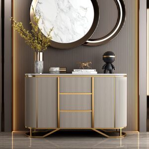 White Buffet Faux Marble Top Modern Sideboard with Stainless Steel Base