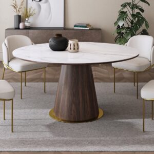 Round Dining Table Sintered Stone Top Wooden Base for 6 Mid-Century Modern