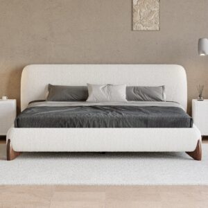 King Size White Boucle Platform Bed Frame