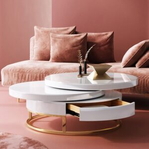 White Round Modern Wood Swivel Coffee Table with Storage Drawer in Gold
