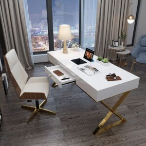 Modern White Computer Desk with Drawer in Pine Wood for Home & Office (55")