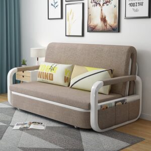 Up to 74.8" Cotton and Linen Sofa Bed Khaki Sleeper Sofa Loveseat with Solid Wood Frame