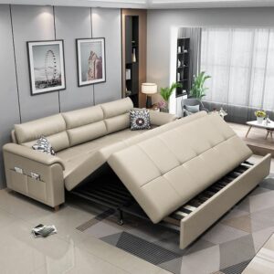 Pull-Out Queen Sofa Bed with Storage, 2-Seater Leath-Aire Beige Sleeper Sofa (74")
