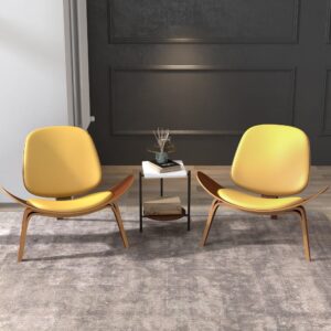 Walnut Tripod Accent Chair, Yellow Leather Lounge Chair for Living Room