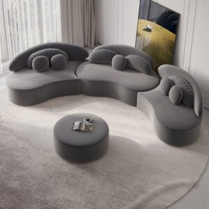 Velvet 4-Piece Sectional, Deep Gray Modular Sofa with Ottoman for Large Living Room (145.7")