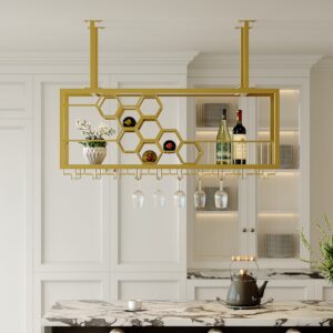 970mm Metal Hanging Wine Rack Golden Bar Shelf Floating Wine Glass Holder