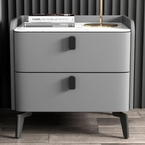 Grey Modern Luxury 2 Drawers Bedroom Nightstand Stone Bedside Table Set of 2