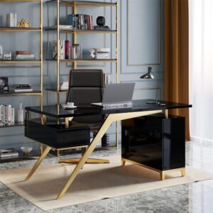 Hungled 55" Modern Black & Gold Office Desk with Storage File Cabinet (Wooden)