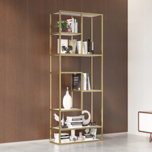 2000mm Modern Black & Gold Etagere Bookshelf Display 8-Shelf Tall Book Shelf with MDF and Stainless Steel Frame