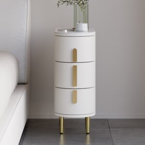 Modern Off-White Narrow 3 Drawer Nightstand Sintered Stone Top Bedside Table Set of 2