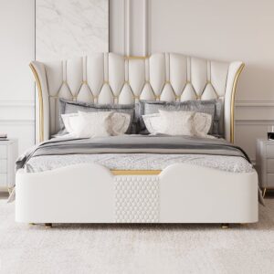 Luxury King White Leather Bed with Tufted Wingback Headboard