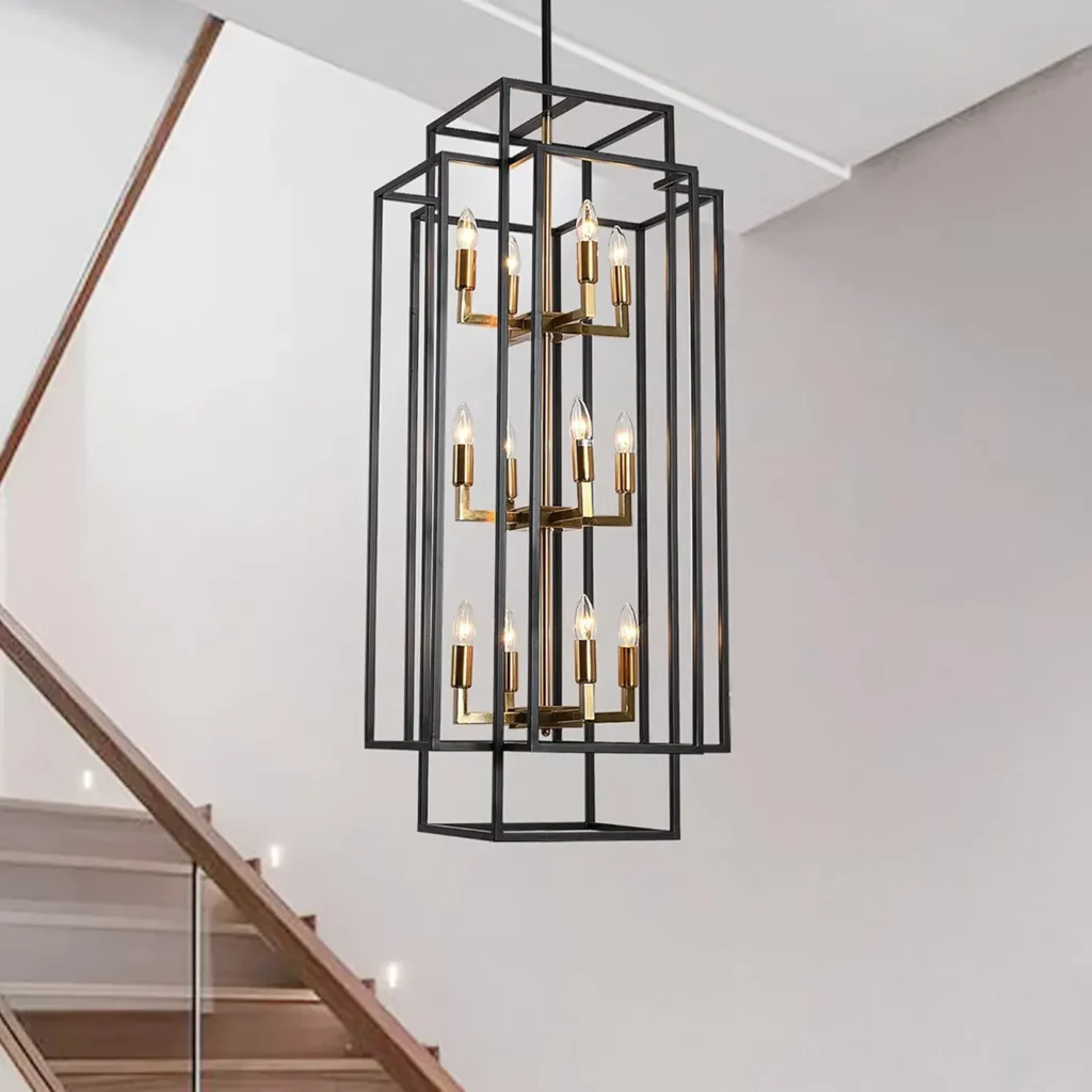 12 Light Metal Lantern Chandelier, Tiered Pendant Light for High Ceiling, Industrial Hanging Fixture for Dinin