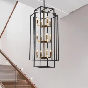 12 Light Metal Lantern Chandelier, Tiered Pendant Light for High Ceiling, Industrial Hanging Fixture for Dinin