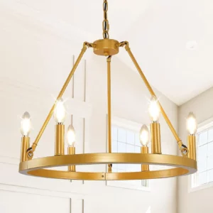 6 Light Black and Gold Chandelier, Farmhouse Wagon Wheel Pendant, Circular Chandeliers for Dining Areas, Rusti