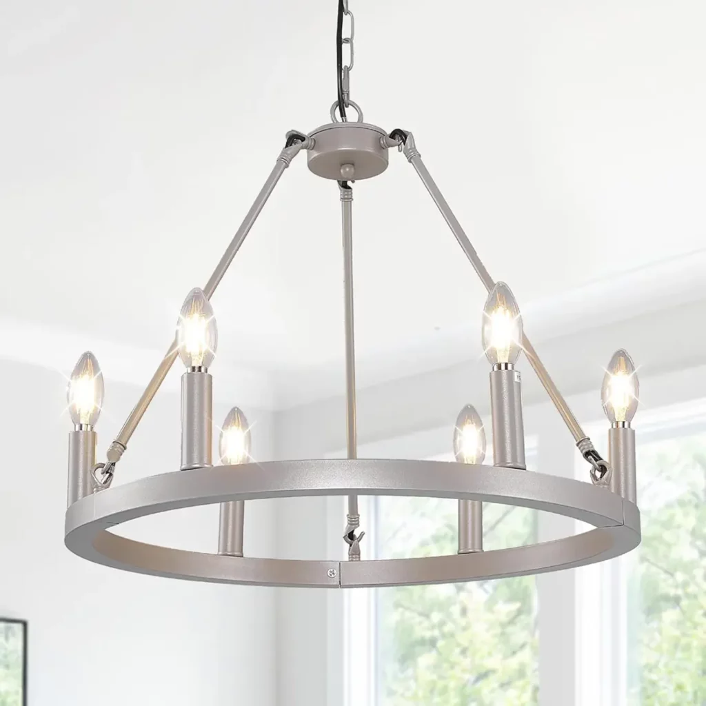 6 Light Black Chandelier, Farmhouse Wagon Wheel Pendant, Round Ceiling Lights for Dining Room, Rustic Kitchen