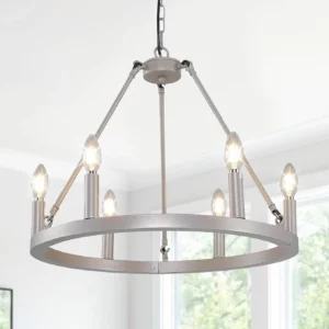 6 Light Black Chandelier, Farmhouse Wagon Wheel Pendant, Round Ceiling Lights for Dining Room, Rustic Kitchen