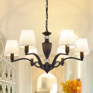 6 Light Rustic Farmhouse Chandelier for Dining Room, Kitchen Island, and Living Spaces Black Frame with White