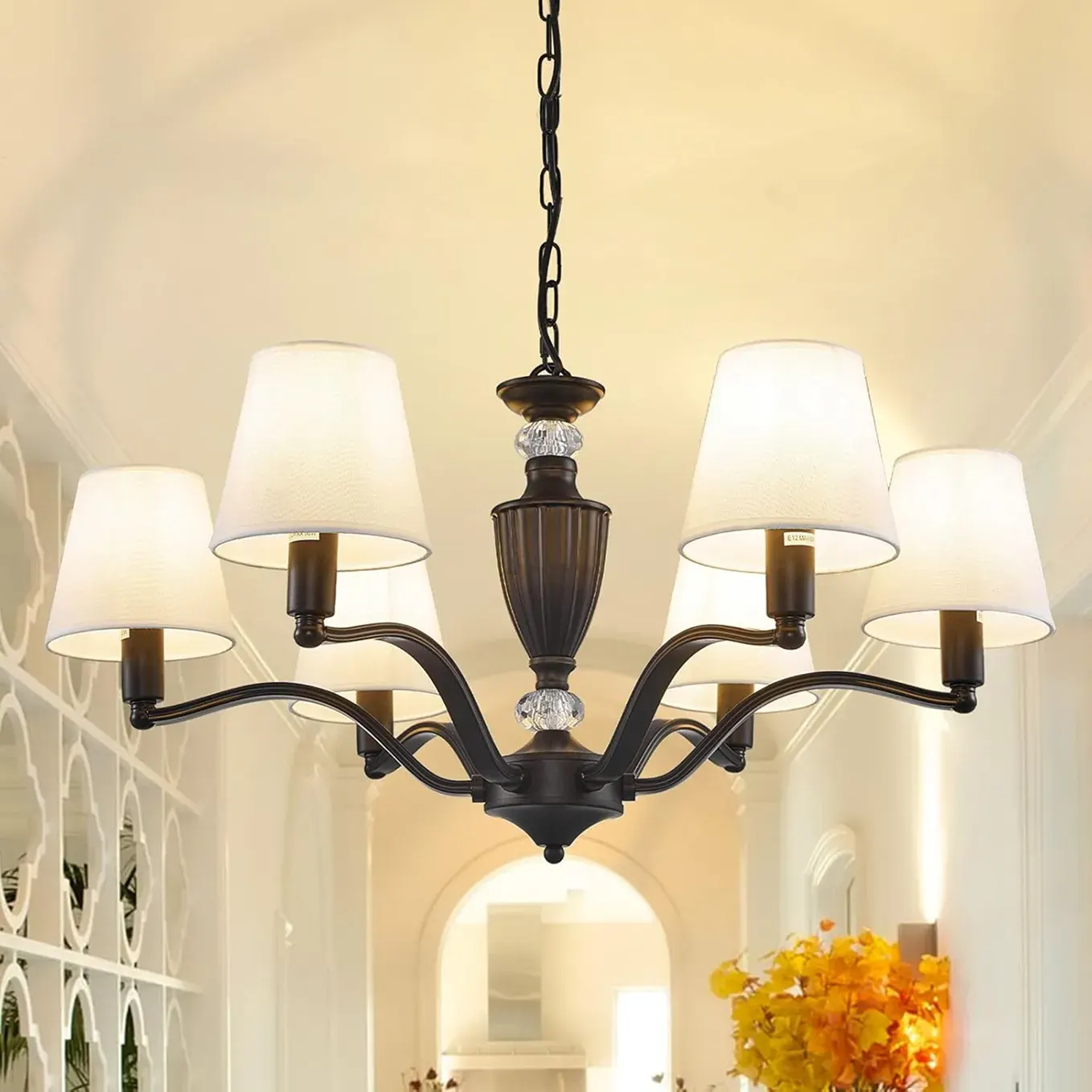 6 Light Rustic Farmhouse Chandelier for Dining Room, Kitchen Island, and Living Spaces Black Frame with White
