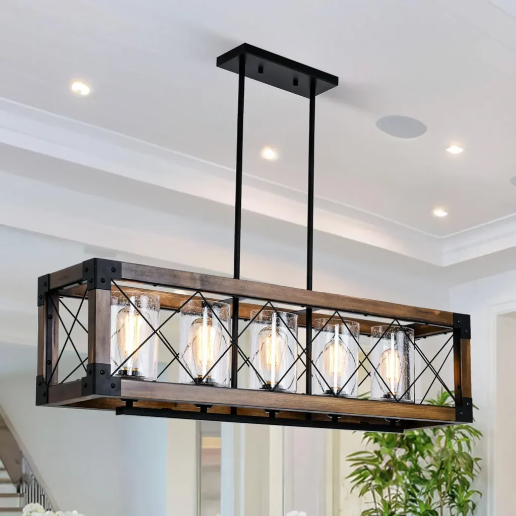 8 Light Kitchen Island Pendant, Black and Gold Rectangular Chandelier for Dining Room, Metal Farmhouse Light F