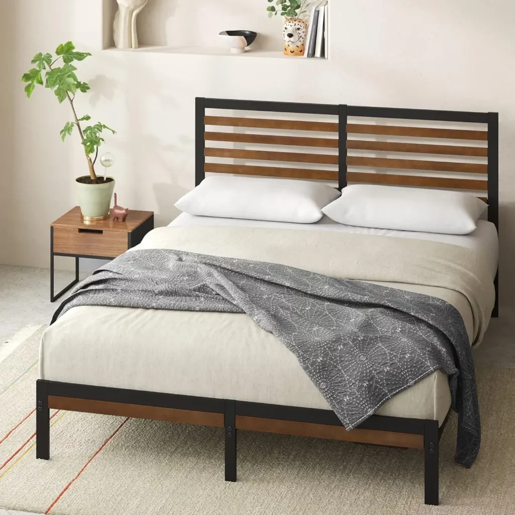 Bamboo and Metal Bed Frame with Headboard, No Box Spring Required, Simple Assembly, Queen Size, Brown
