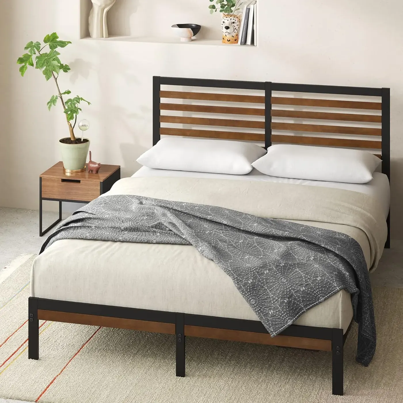 Bamboo and Metal Bed Frame with Headboard, No Box Spring Required, Simple Assembly, Queen Size, Brown