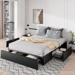 Bed Frame with 3 Storage Drawers, Faux Leather Finish, Wooden Slats, No Box Spring Required, Easy to Assemble,