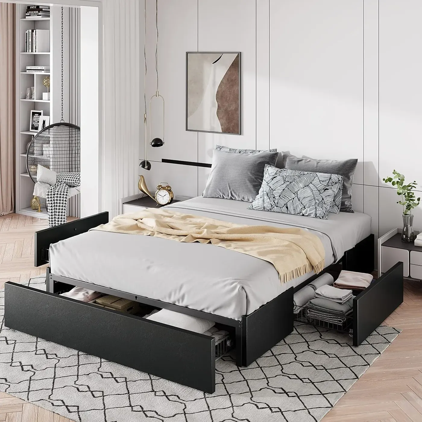 Bed Frame with 3 Storage Drawers, Faux Leather Finish, Wooden Slats, No Box Spring Required, Easy to Assemble,