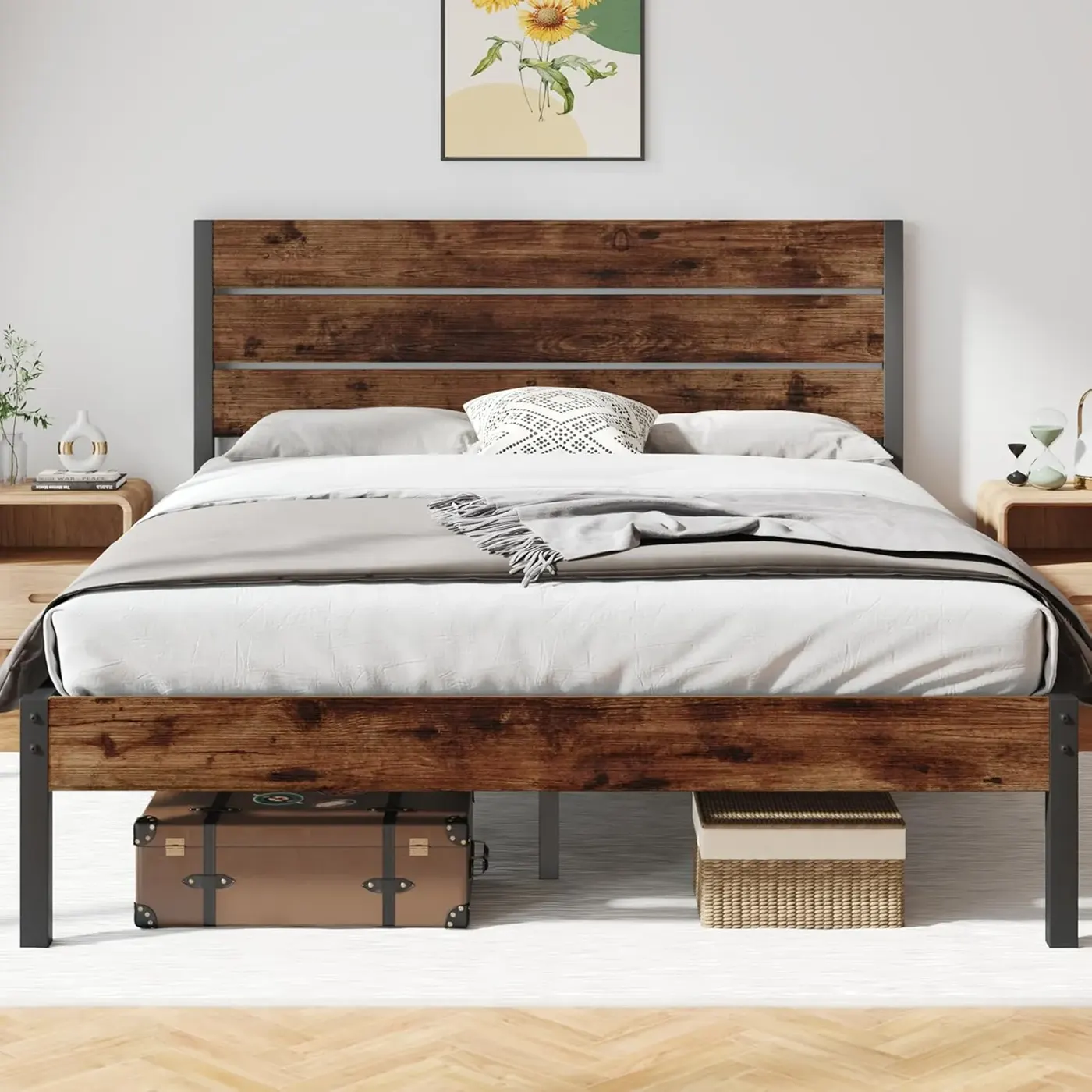 Bed Frame with Headboard and Footboard, Featuring Under Bed Storage, All Metal Support, No Box Spring Required
