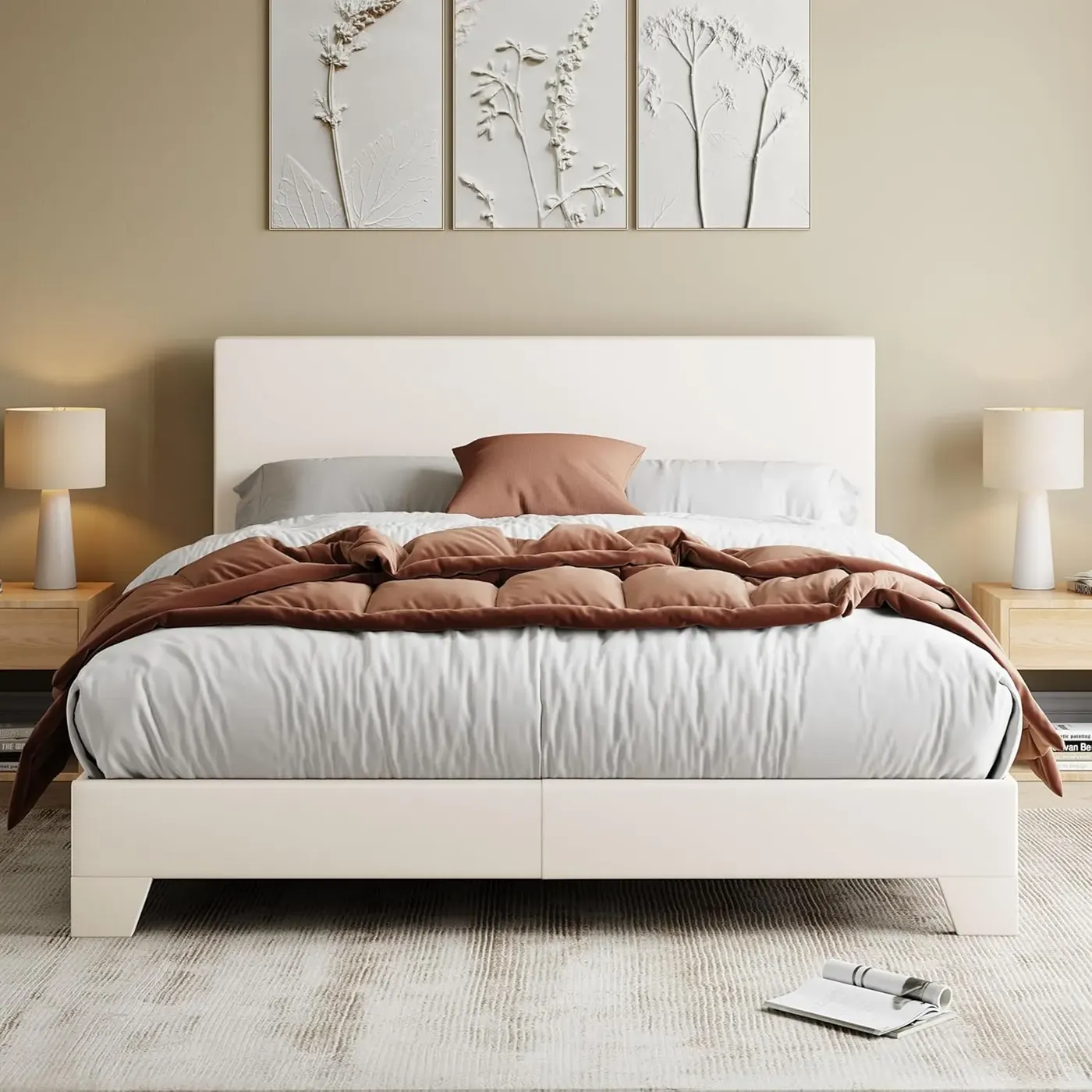 Bed Frame with Headboard, Faux Leather Platform Bed with Wooden Slats, Sturdy Mattress Support, No Box Spring