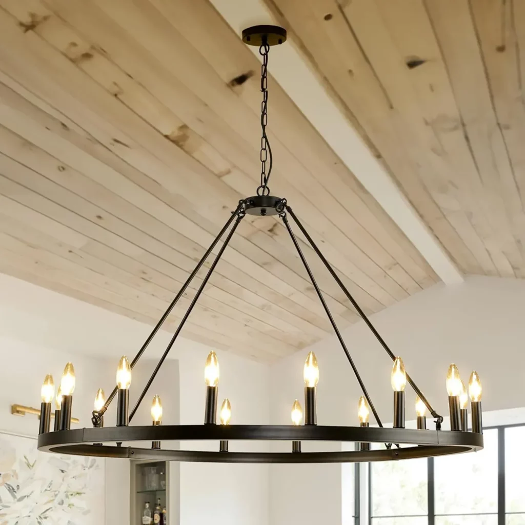 Dark Wagon Wheel Chandelier for Farmhouse, 16 Light Fixture, 43 Inch Large Rustic Round Chandelier for High Ce