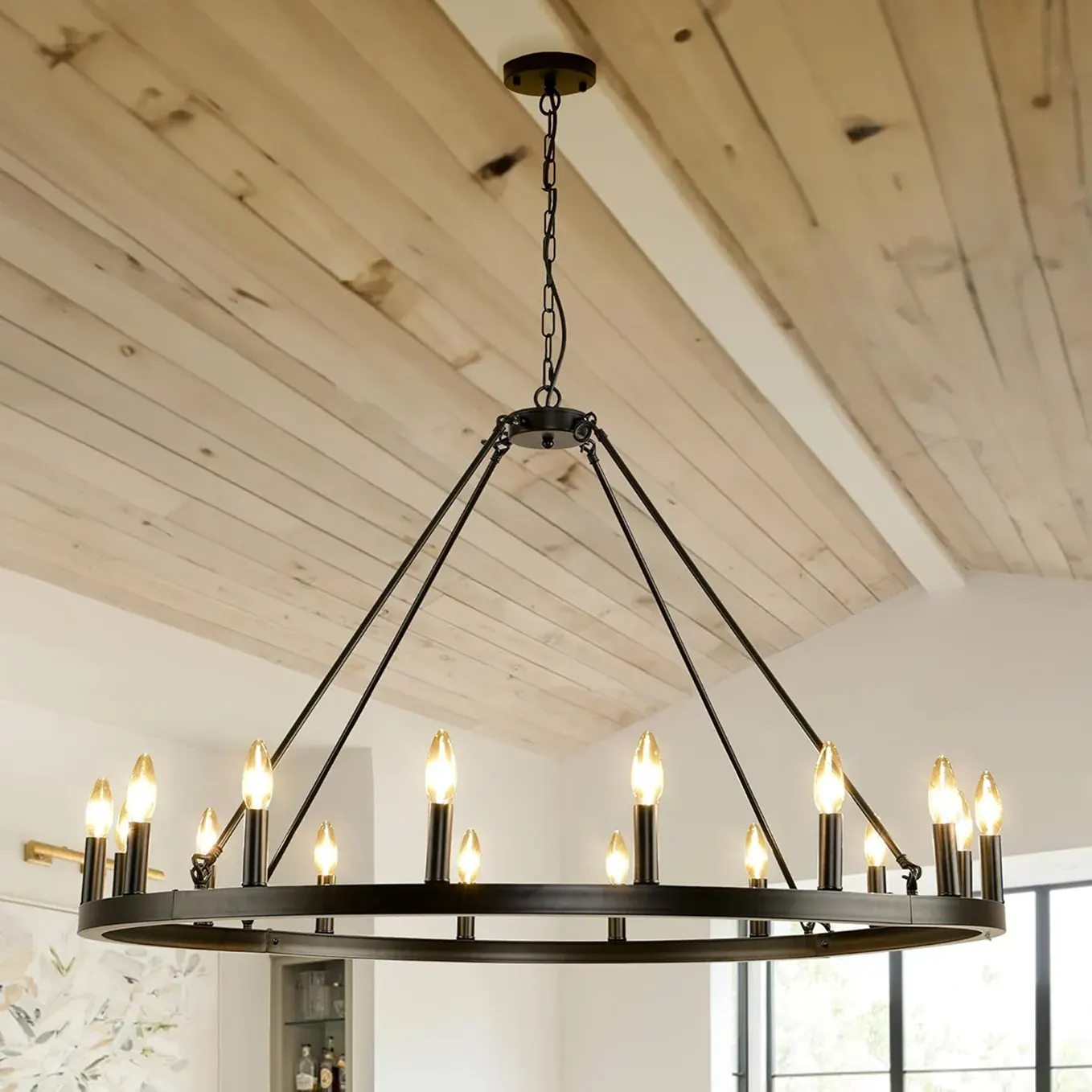 Dark Wagon Wheel Chandelier for Farmhouse, 16 Light Fixture, 43 Inch Large Rustic Round Chandelier for High Ce