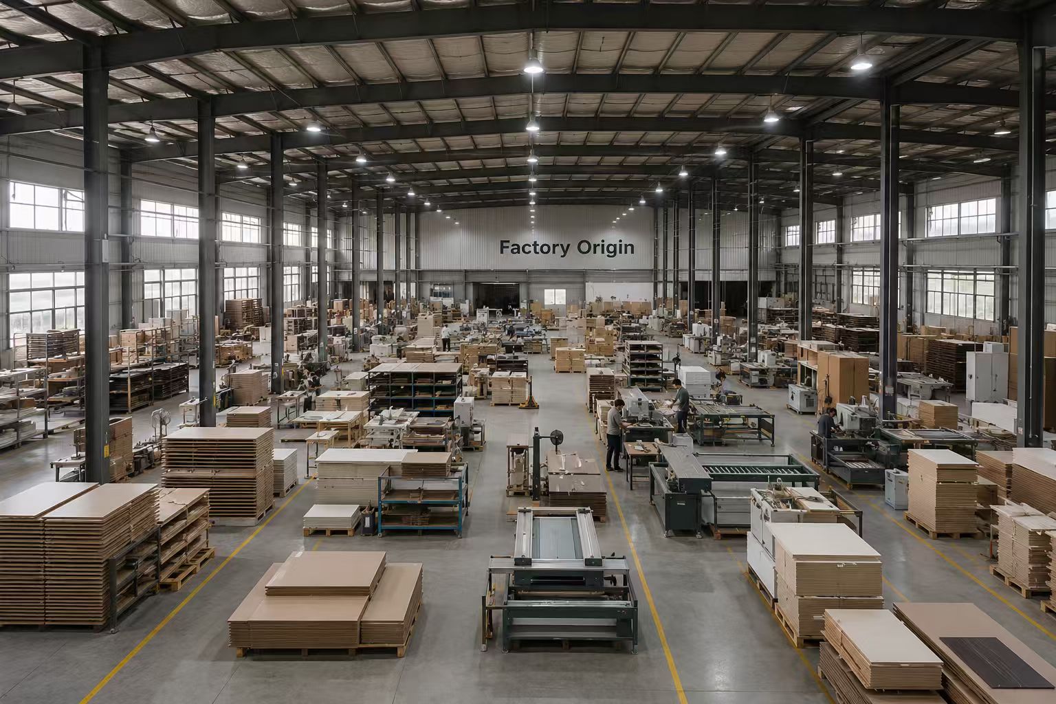 Furniture Origin factory floor — 30,000 m² production facility in Foshan, China
