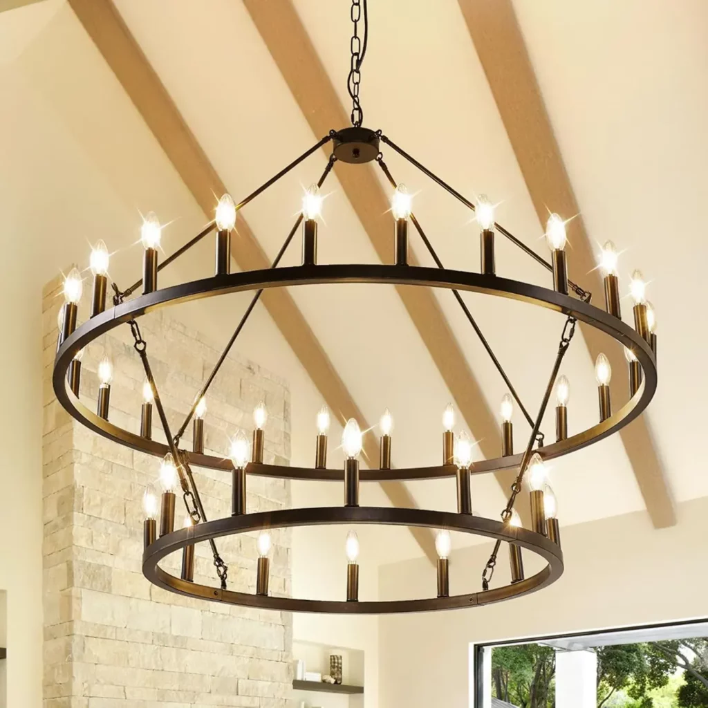 Golden Carriage Wheel Chandelier, 2 Tier 47 Inch 36 Light, Extra Large Round Country Farmhouse Lighting, Foyer