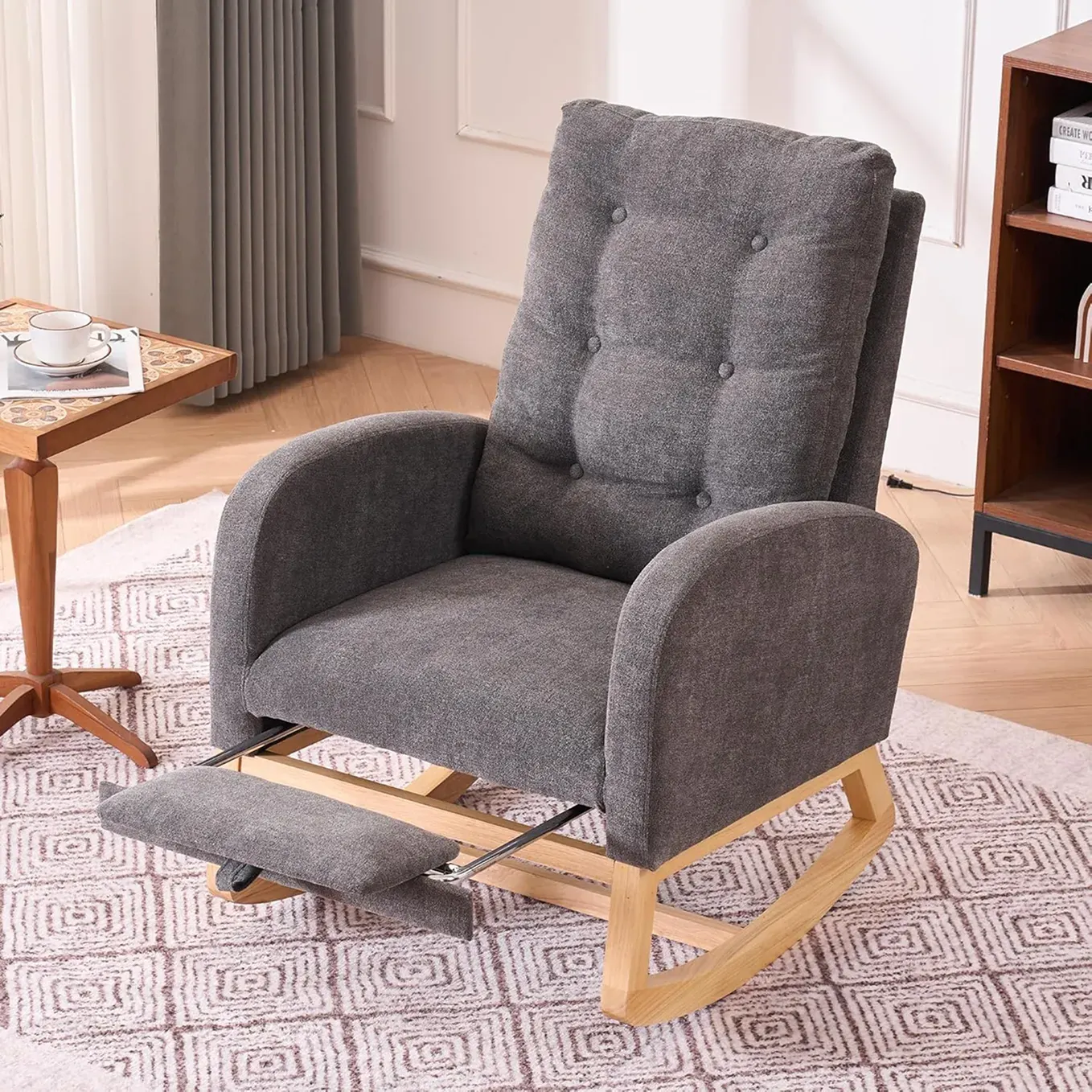 Modern Grey Rocking Chair with Ottoman for Bedroom or Living Area