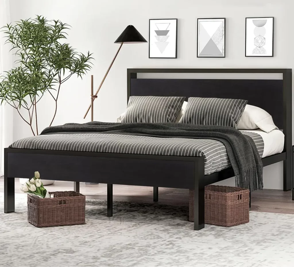 SHA CERLIN 14″ Full Size Metal Bed Frame with Wooden Headboard and Footboard, Mattress Base, No Box Spring Req