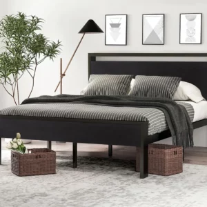 SHA CERLIN 14″ Full Size Metal Bed Frame with Wooden Headboard and Footboard, Mattress Base, No Box Spring Req