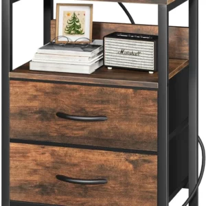Table with Charging Station, with Fabric Drawers and Storage Shelves, for Bedrooms and Small Spaces, Multifunc