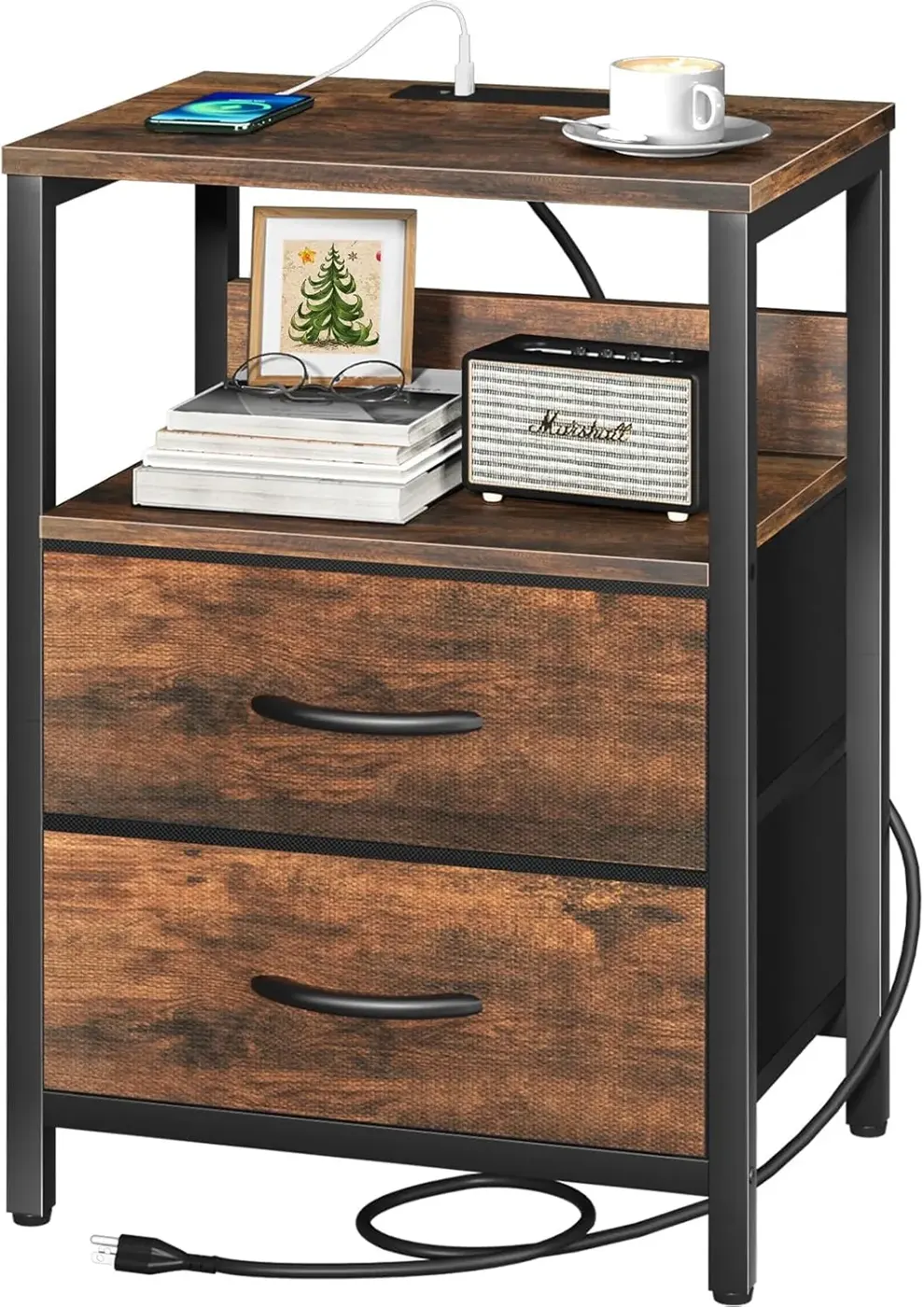 Table with Charging Station, with Fabric Drawers and Storage Shelves, for Bedrooms and Small Spaces, Multifunc