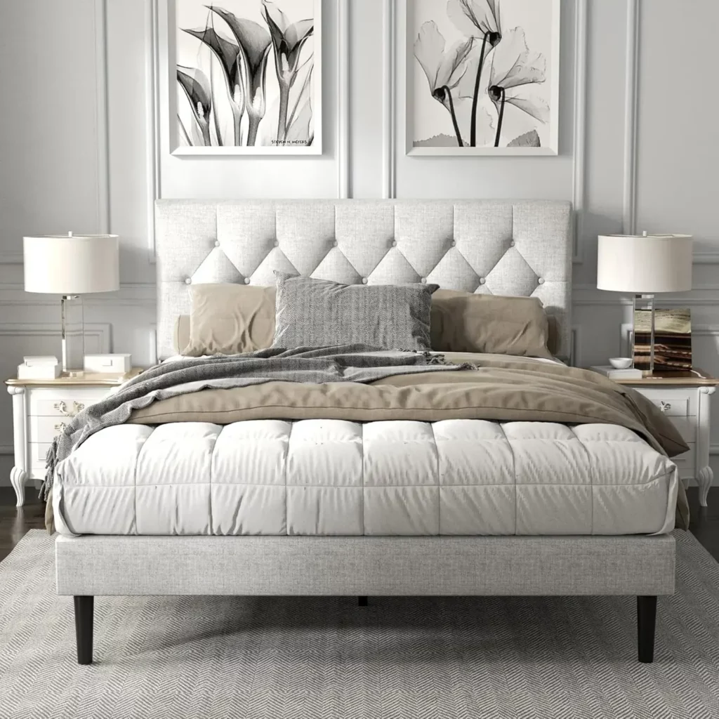 Upholstered Bed Frame with Button Tufted Headboard, Wooden Slats for Mattress Support, Quiet Design, No Box Sp