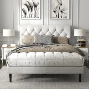 Upholstered Bed Frame with Button Tufted Headboard, Wooden Slats for Mattress Support, Quiet Design, No Box Sp