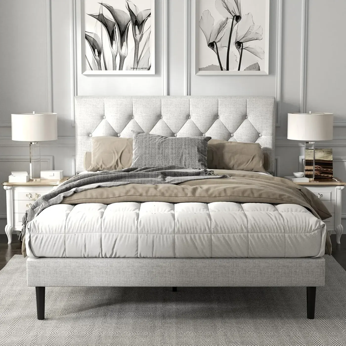 Upholstered Bed Frame with Button Tufted Headboard, Wooden Slats for Mattress Support, Quiet Design, No Box Sp
