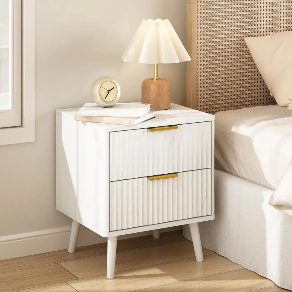 White Fluted Bedside Table with 2 Drawers, 18” Wide Nightstand for Bedroom, Modern Side Table with Gold Metal