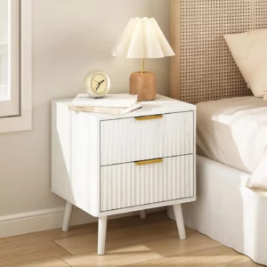 White Fluted Bedside Table with 2 Drawers, 18” Wide Nightstand for Bedroom, Modern Side Table with Gold Metal